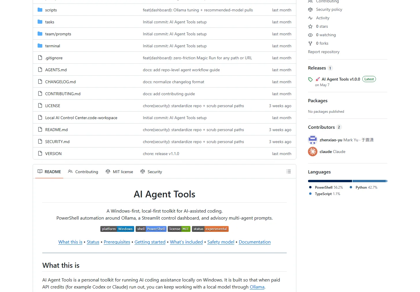 AI Agent Tools repository overview identifying it as an experimental Windows-first local AI toolkit