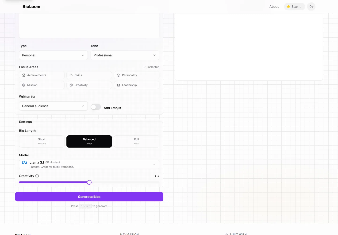 BioLoom lower generator controls for tone, audience, focus, and output settings