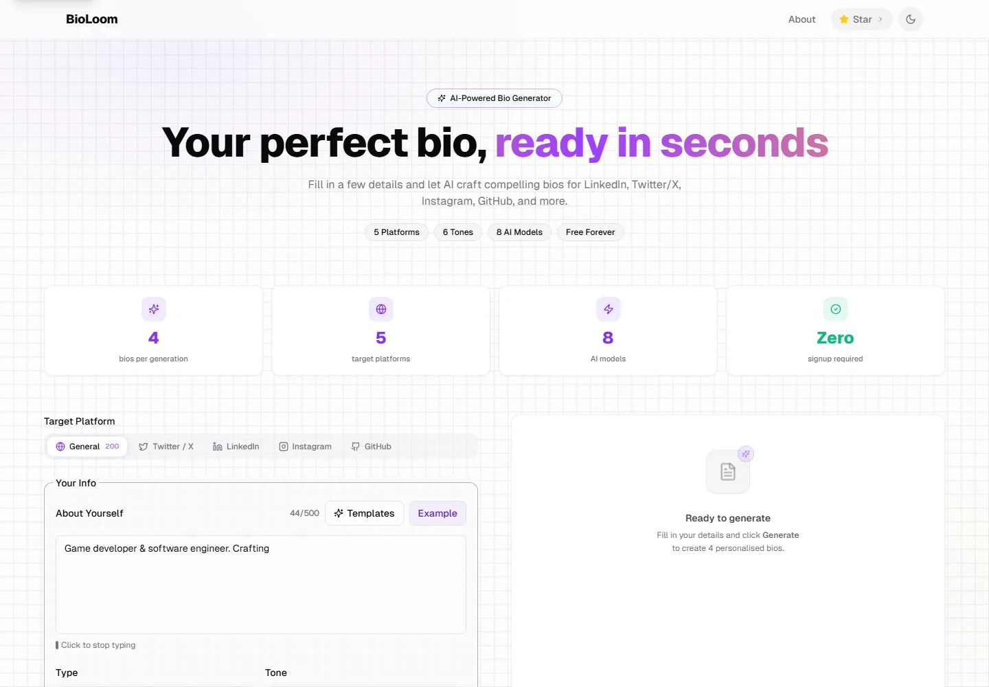 BioLoom generator with platform tabs, model counts, guided fields, and an output panel