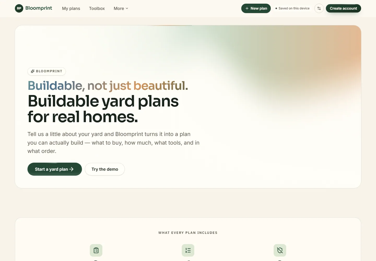 Bloomprint home page offering buildable yard plans for real homes