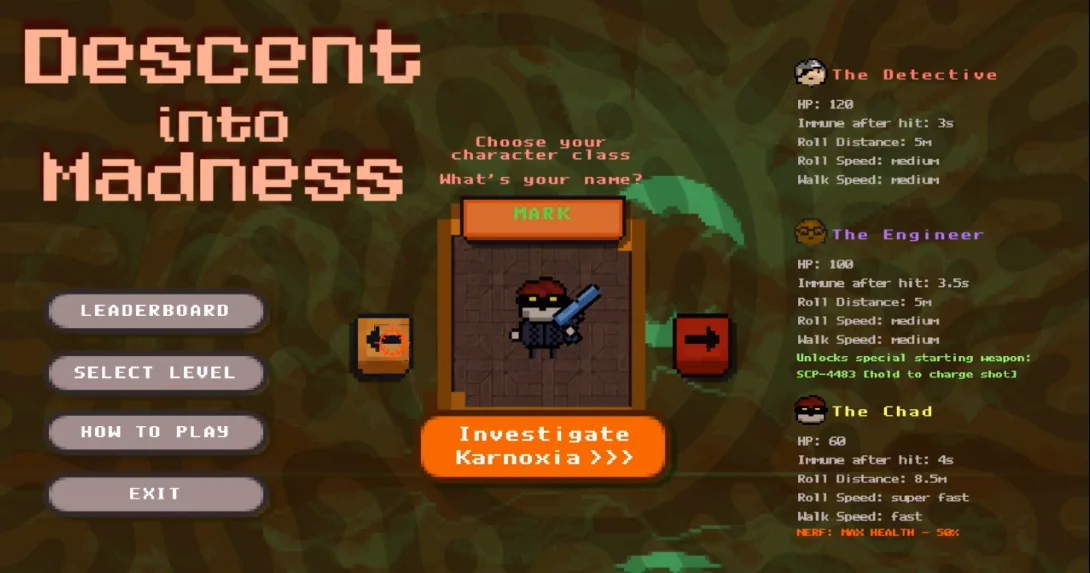 Descent Into Madness gameplay in a procedural pixel-art dungeon