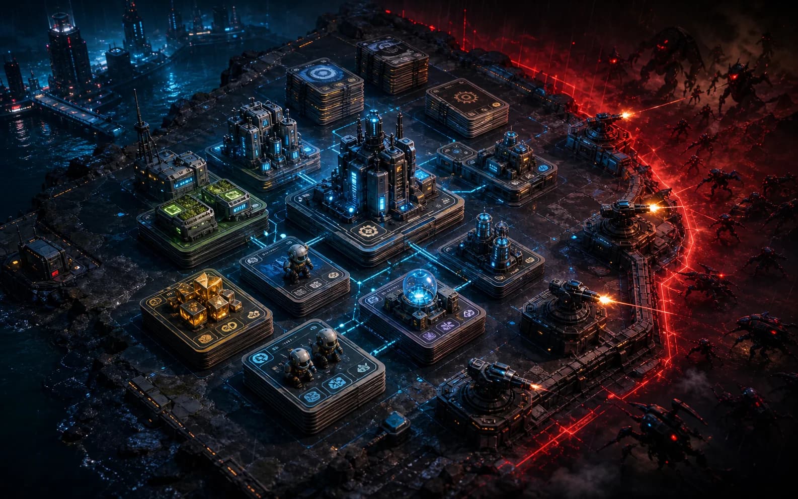 Promotional key art for LAST KERNEL showing a cyberpunk card colony defending against a night attack