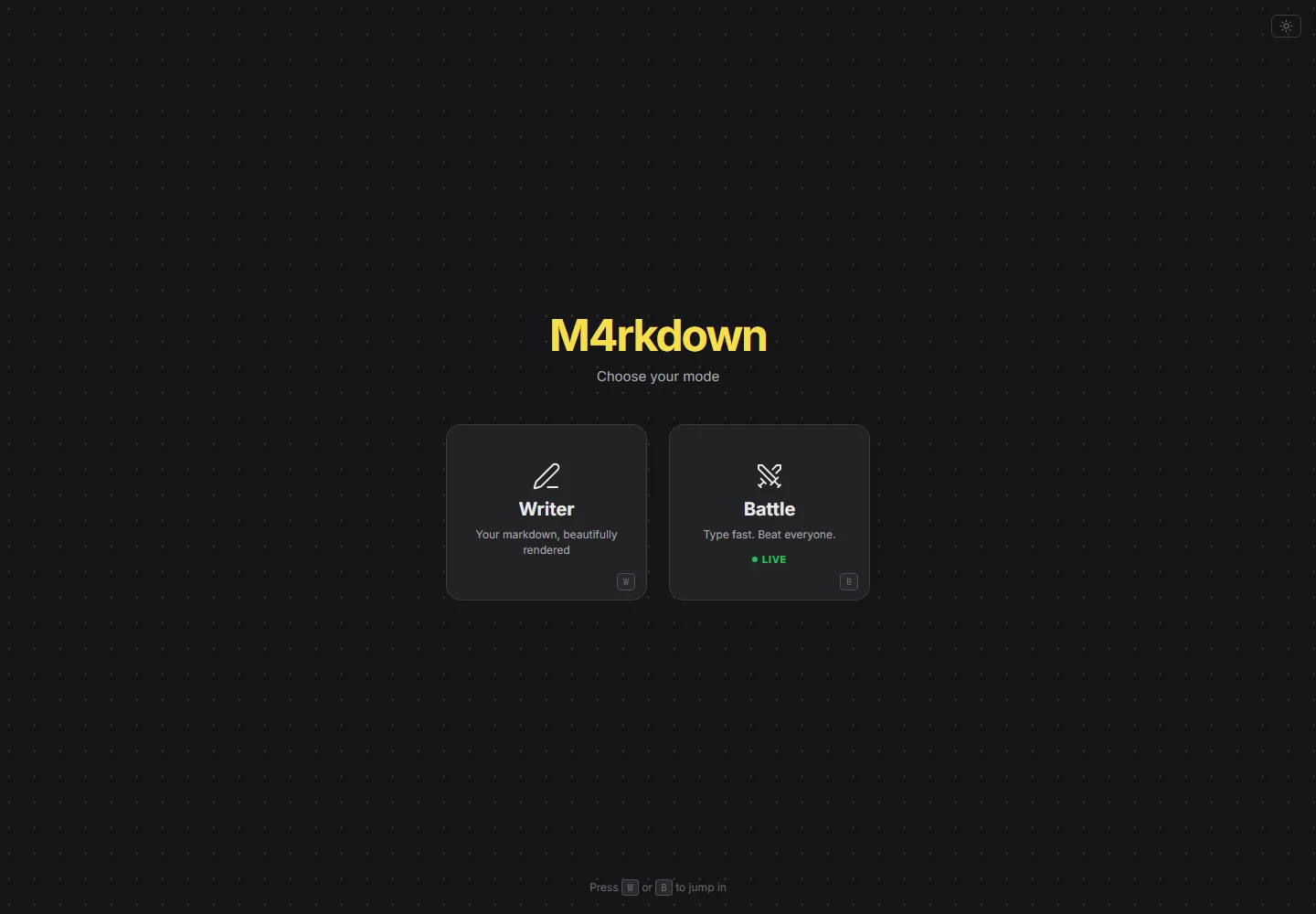 M4rkdown mode selector offering the Writer workspace and live typing Battle