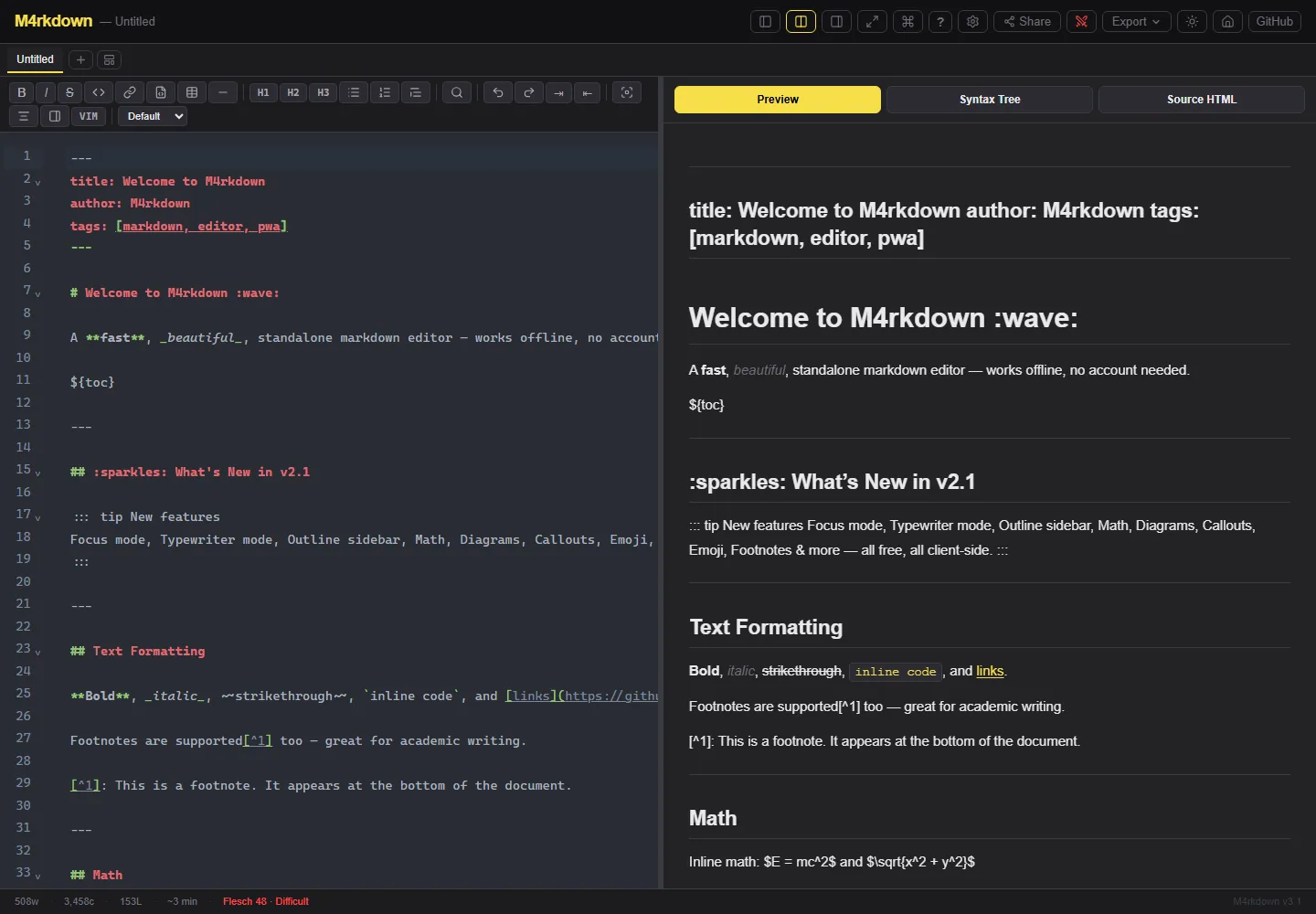 M4rkdown split editor showing Markdown source and rendered preview