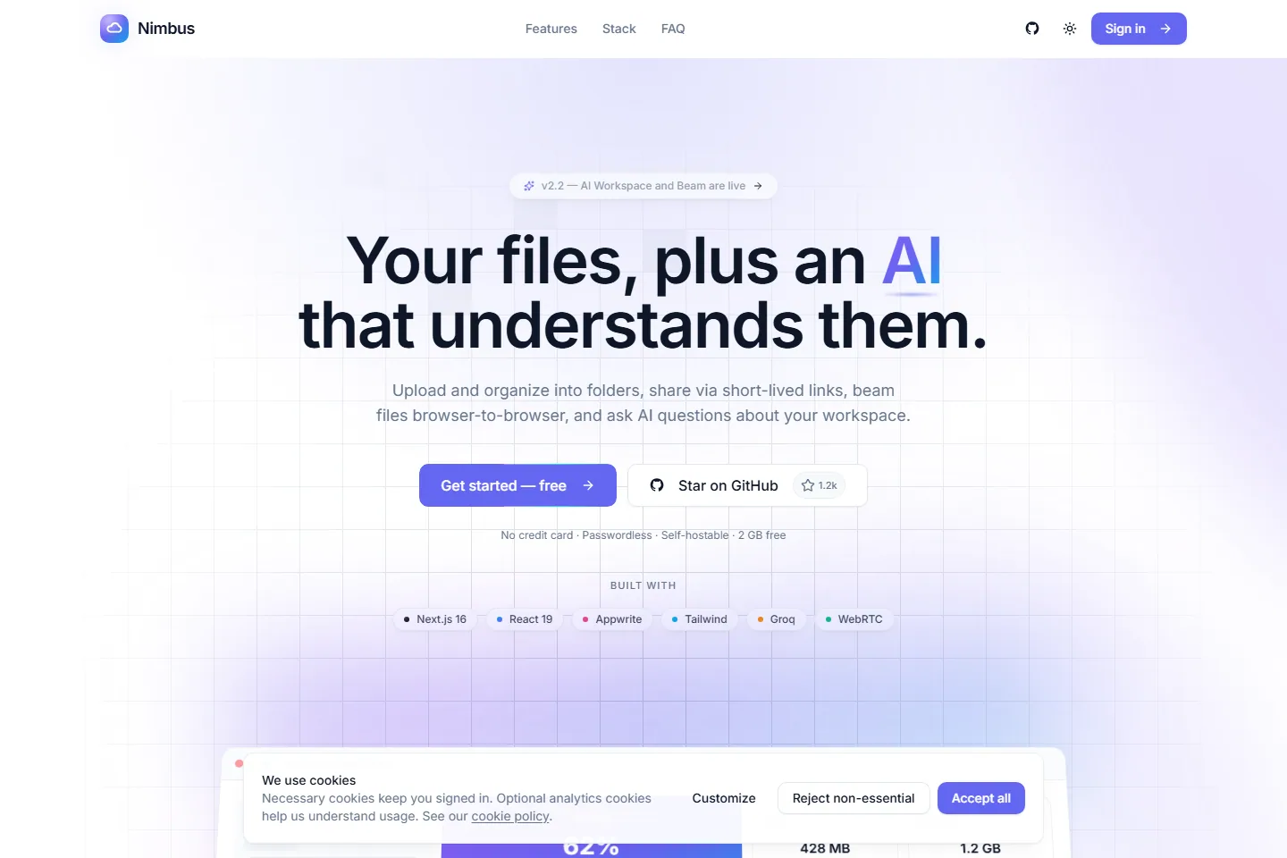 Nimbus landing page introducing its file workspace, AI assistant, and browser-to-browser transfer