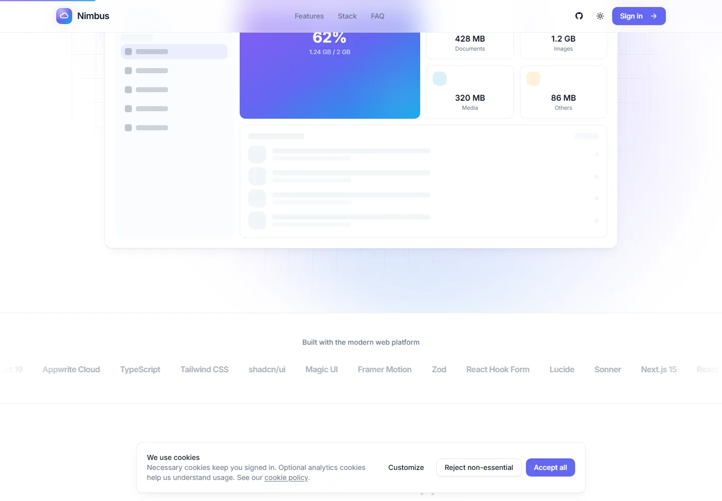 Nimbus product feature section showing storage, sharing, Beam transfer, and AI capabilities