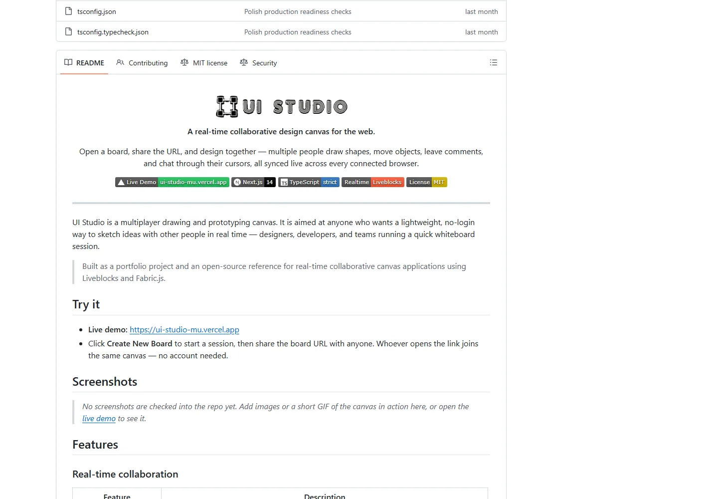 UI Studio repository documentation listing canvas, collaboration, and export capabilities