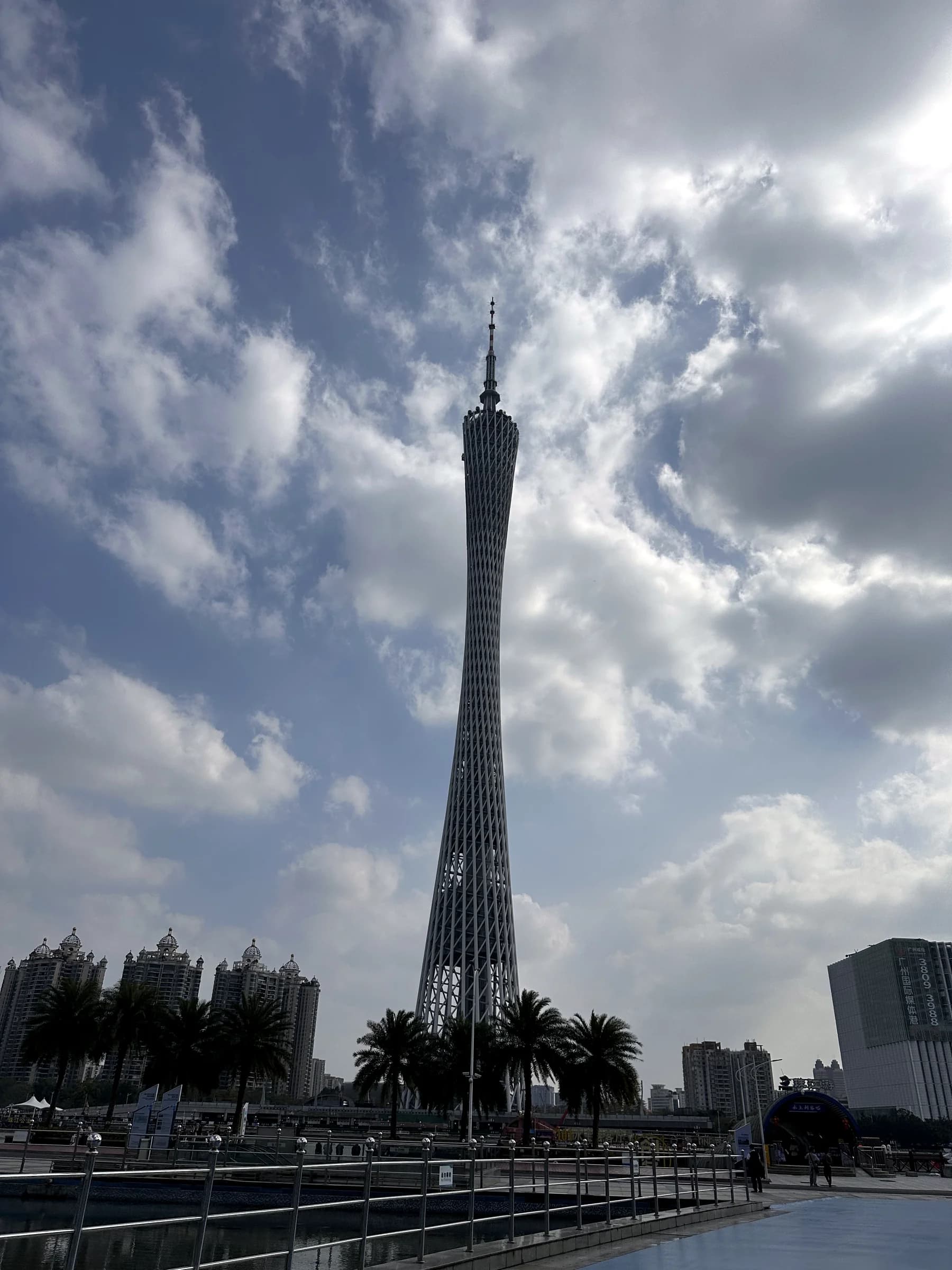 Canton Tower rising into dramatic clouds in Guangzhou